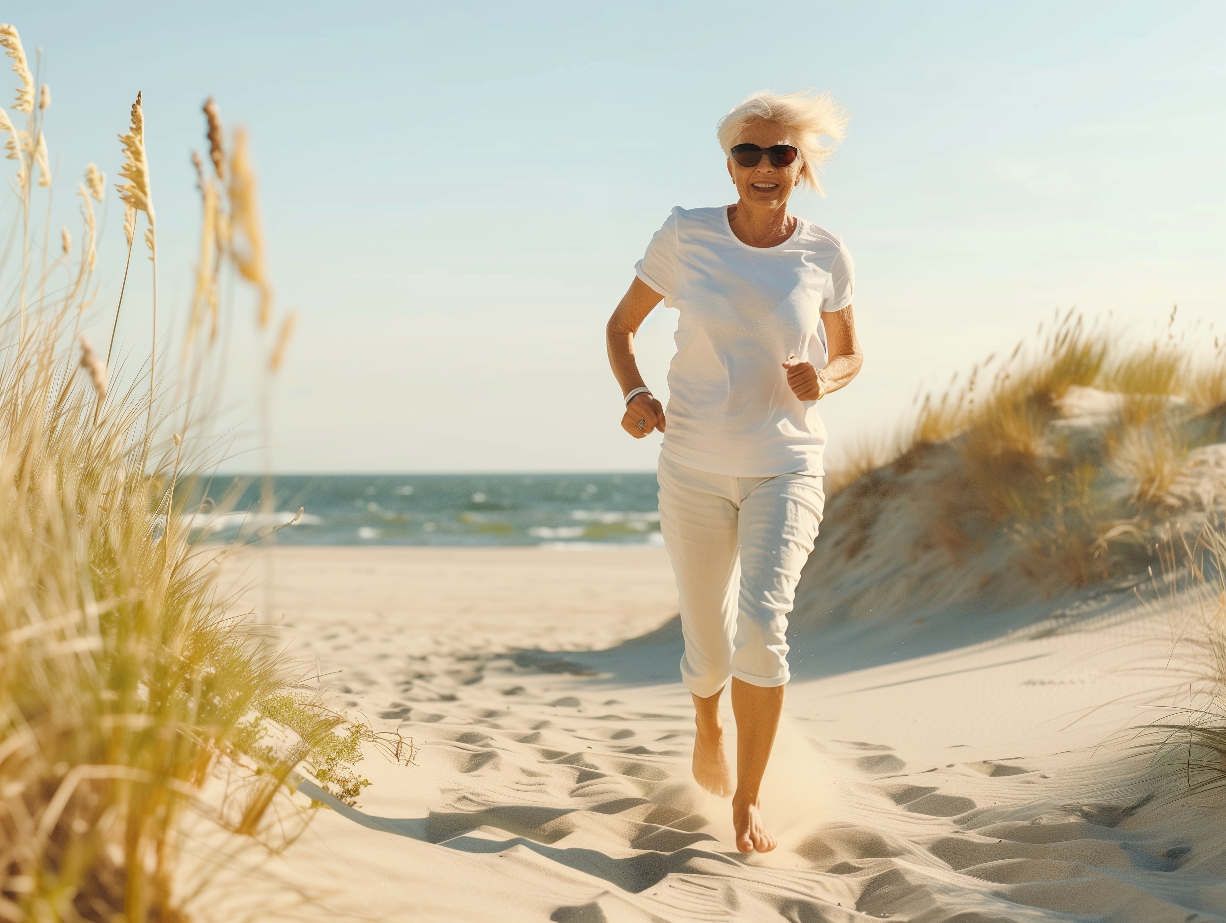 Cheerful mature woman running on sand beach, Senior woman enjoys life